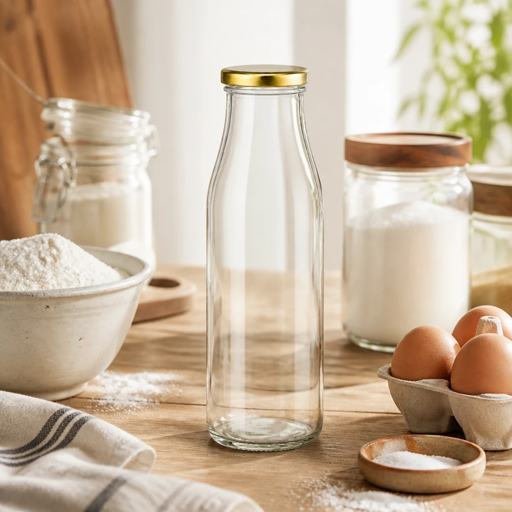 500ml szklana butelka z pokrywką BasicSeal złota w kuchni do pieczenia z mąką jajkami mlekiem szkło na drewnianym blacie przybory kuchenne