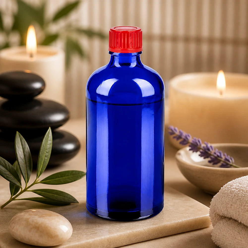 Butelka 100 ml 11 mm SV czerwona STD BlueLine UT18/100 Wysokiej jakości butelka z bursztynowego szkła o pojemności 100 ml z czerwoną zakrętką zabezpieczającą przed dziećmi i umożliwiającą bezpieczne przechowywanie