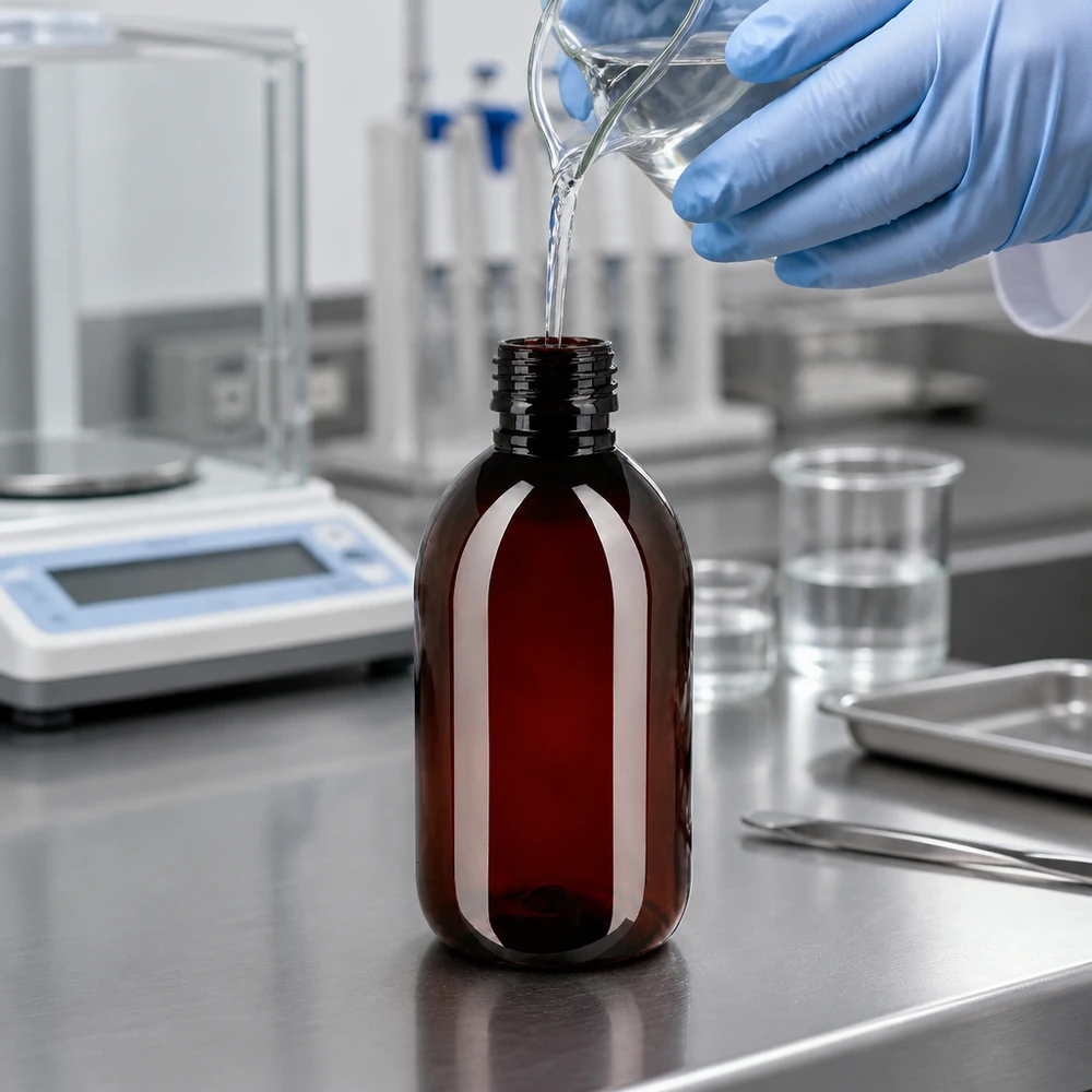 Butelka PET bez nakrętki o pojemności 250 ml, model PP28, w kolorze brązowym, jest napełniana przezroczystym płynem w laboratorium farmaceutycznym