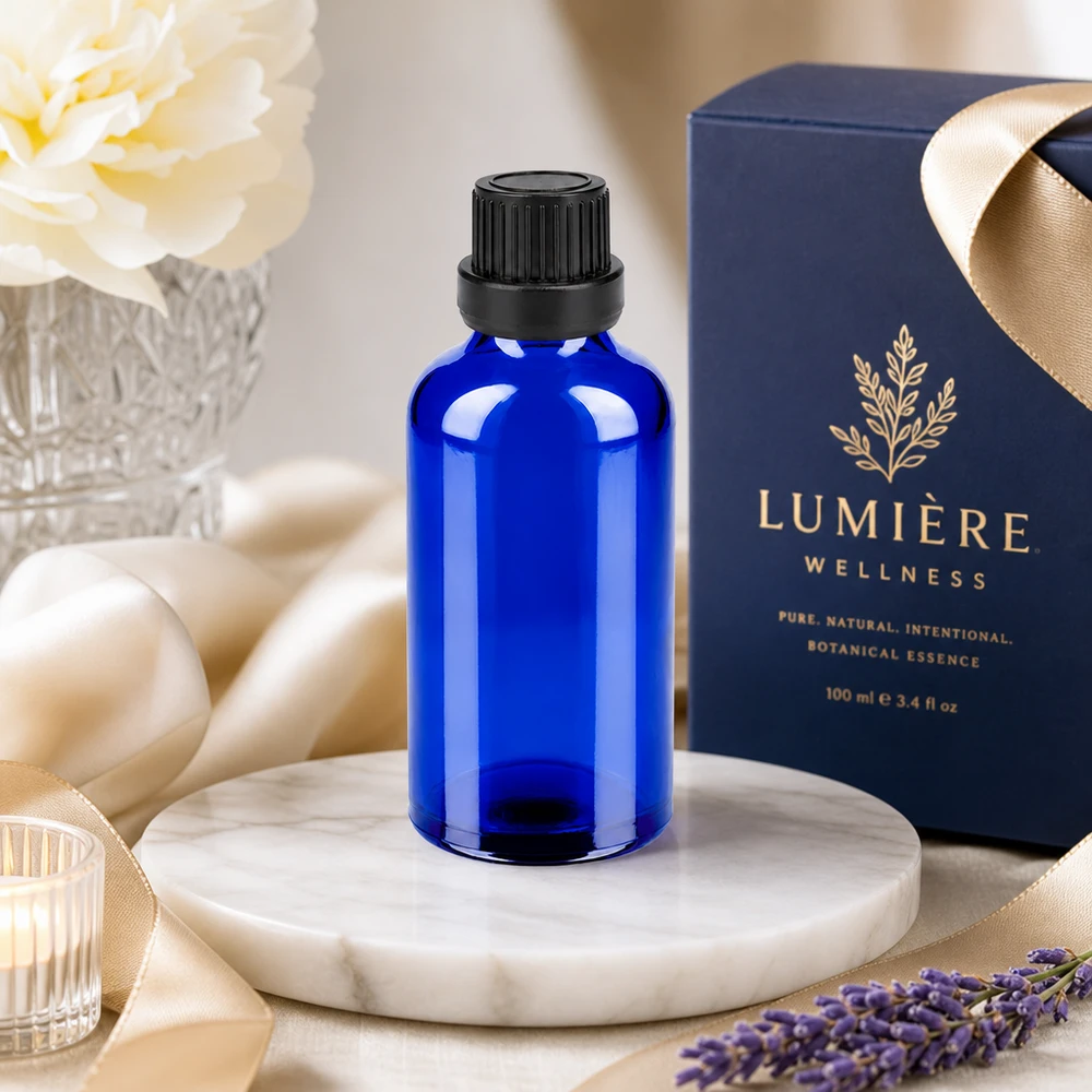 Szklana butelka Premium BlueLine o pojemności 50 ml z ochroną przed promieniowaniem UV i czarną nakrętką z zabezpieczeniem przed manipulacją.
