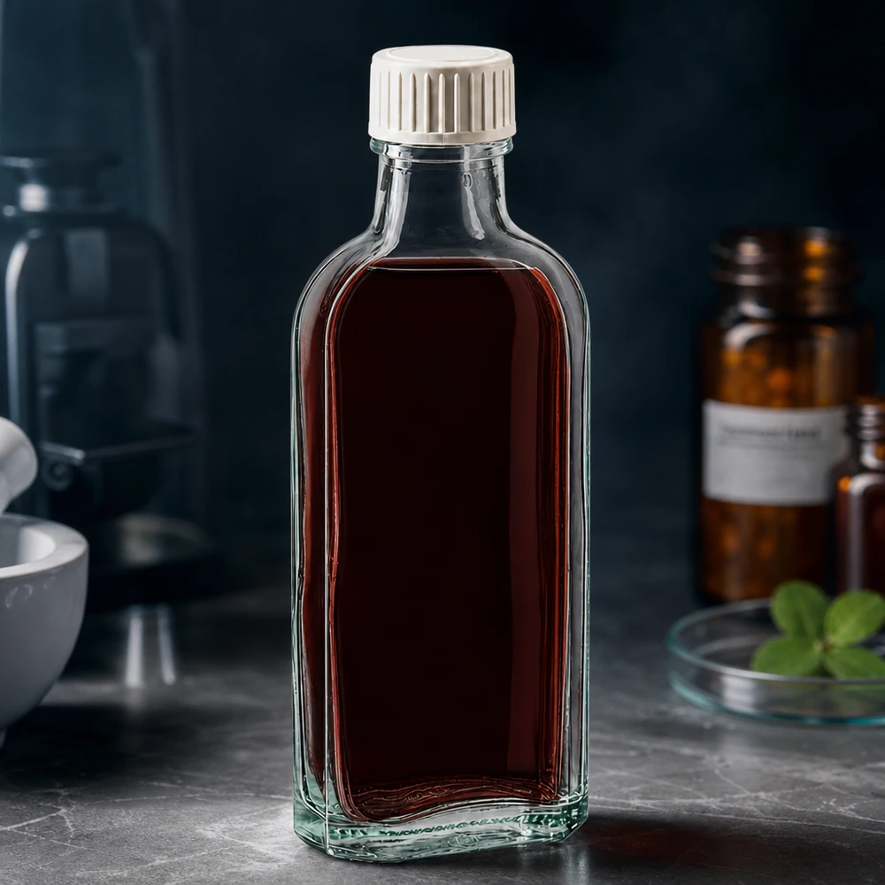 100 ml Przezroczysta zakrętka Meplat z wkładką z pianki PE Szklana butelka Meplat o pojemności 100 ml z wkładką z pianki PE i ciemną cieczą w środowisku laboratoryjnym