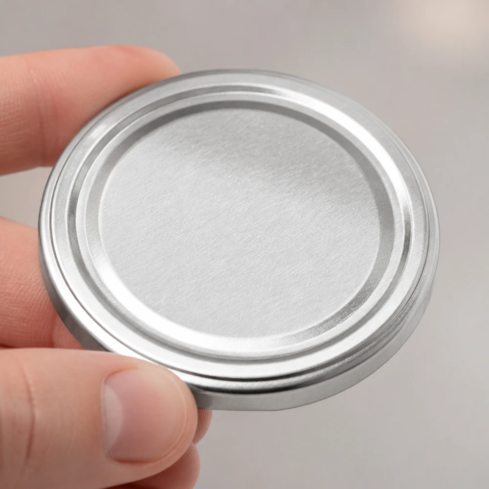 Pokrywka BasicSeal 100 mm, srebrna matowa (TO100) UN.. TO100 Metalowa pokrywa 100 mm, matowy srebrny – zbliżenie z widoczną strukturą pierścieniową i wykończeniem szczotkowanym