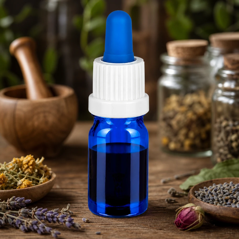 Precyzyjna butelka z kroplomierzem o pojemności 5 ml i białą pipetą do olejków i esencji aromaterapeutycznych