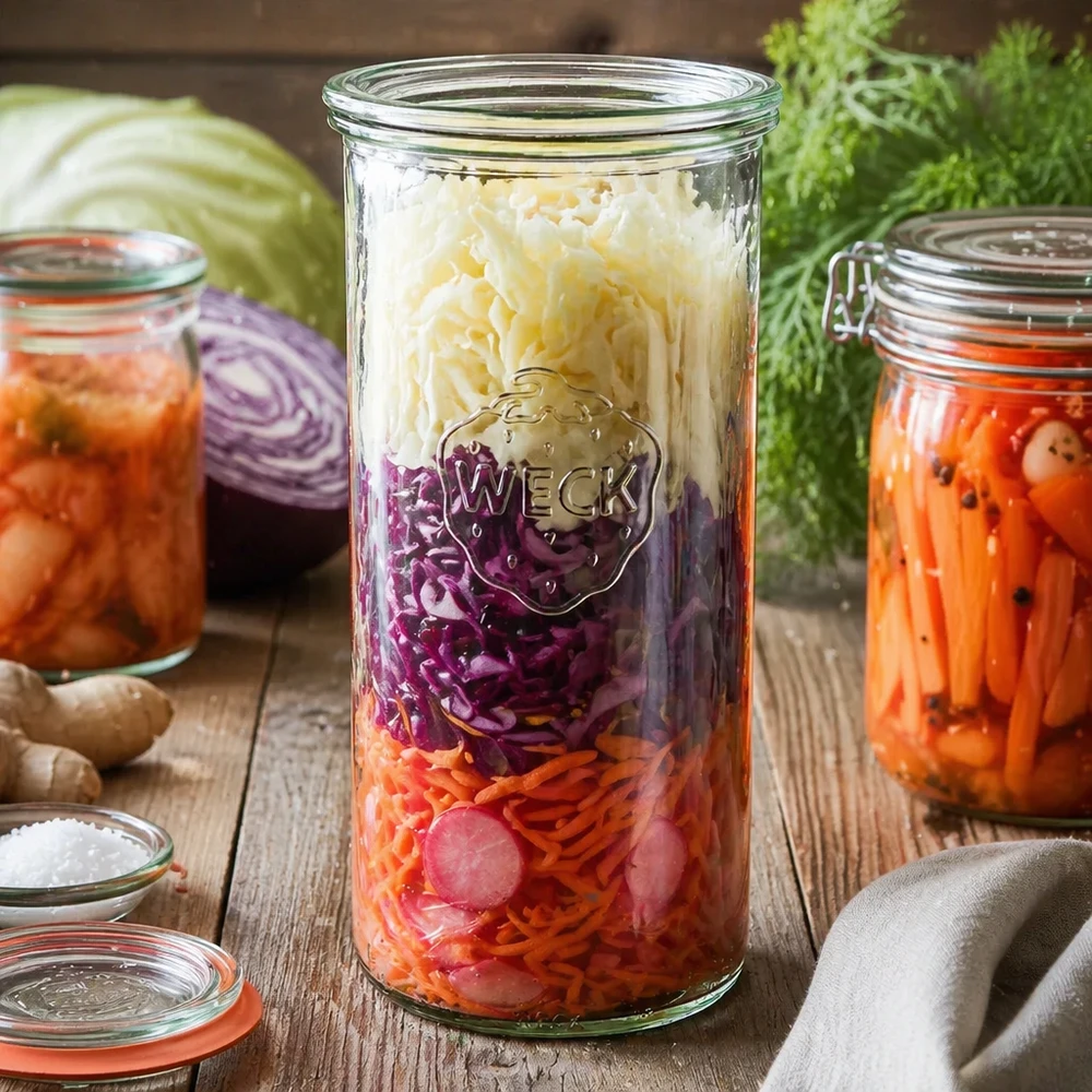 Kubki o pojemności 1500 ml ze szklaną pokrywką WECK RR100 Słoik WECK RR100 1500 ml ze sfermentowaną kiszoną kapustą warzywną na drewnianym stole pomiędzy świeżymi składnikami