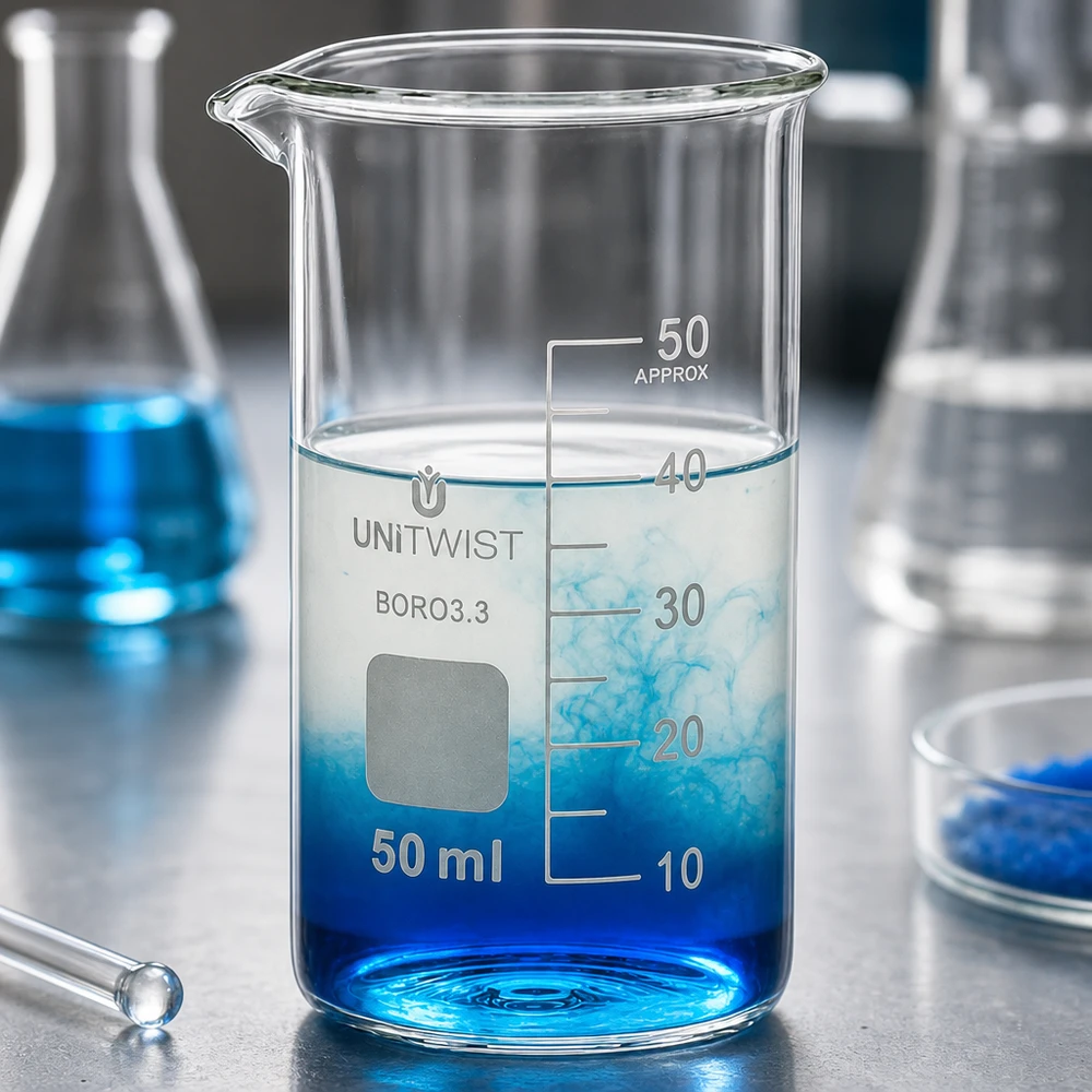Zlewka 50ml borokrzemianowa, wysoka UNITWIST Szklana zlewka laboratoryjna z podziałką, pojemność 50 ml, wysoka, z borokrzemianu 3.3, z wylewką, przezroczysta