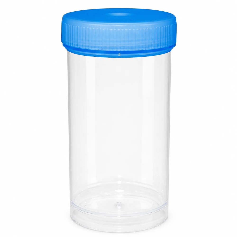 Uniwersalny plastikowy pojemnik (naczynie patologiczne) 100 ml Przezroczyste plastikowe pudełko o pojemności 100 ml z niebieską zakrętką do próbek medycznych