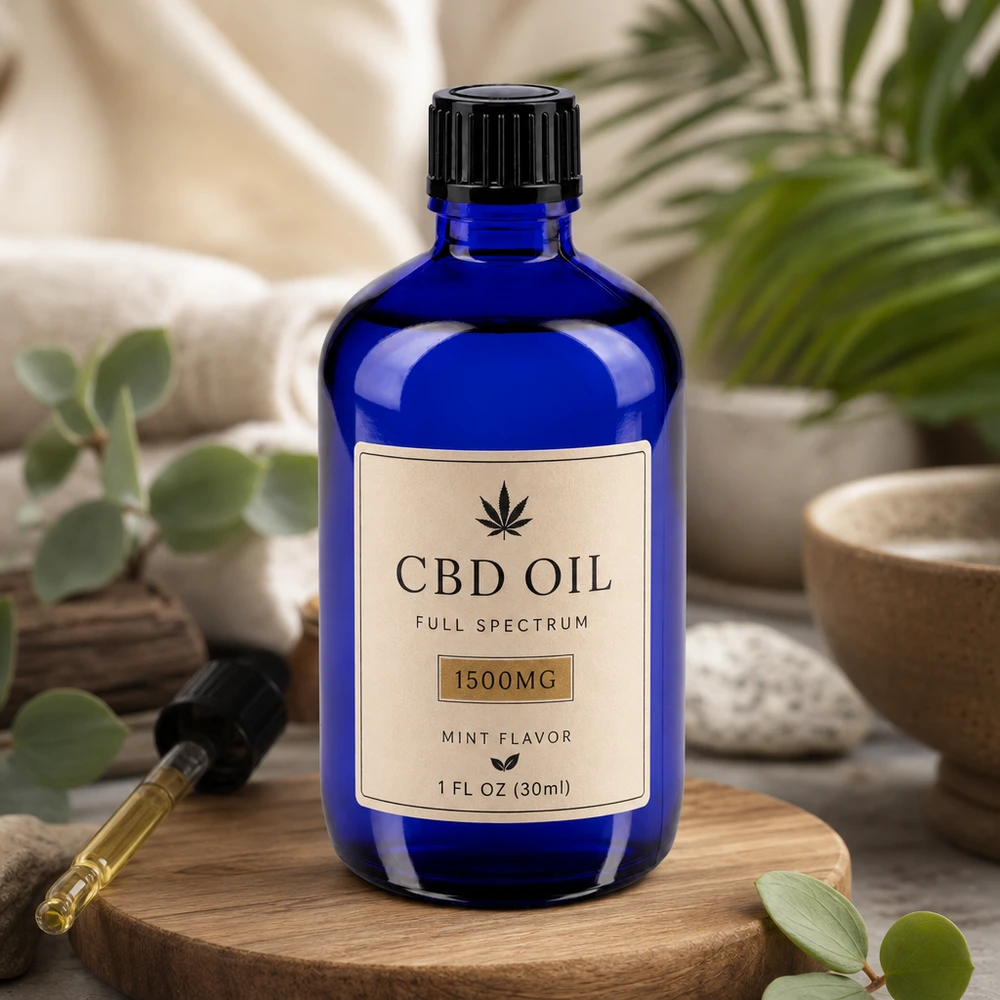 Butelka apteczna niebieska 100ml kroplówka v. 1mm czarny szt Niebieska szklana butelka o pojemności 100 ml z kroplomierzem 1 mm do oleju CBD i środków naturalnych, na drewnianej podstawce