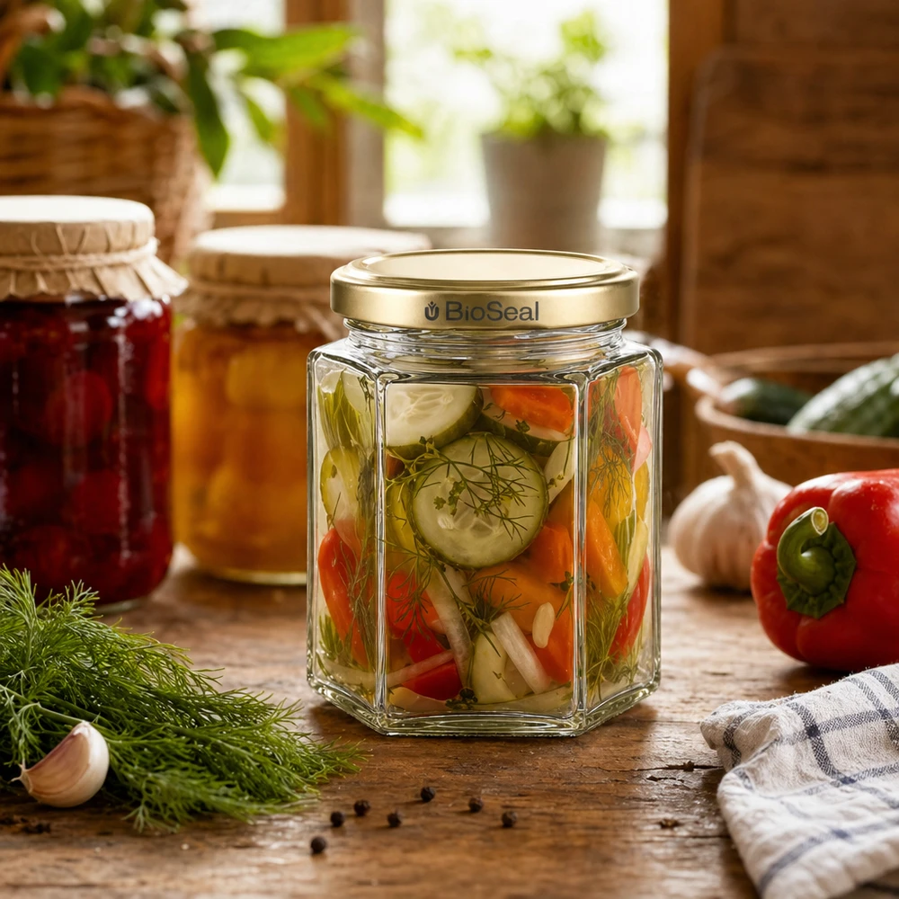 250g słoik miodowy sześciokątny wypełniony kiszonymi warzywami BioSeal złota pokrywka kuchnia rustykalna koperek papryka ogórek