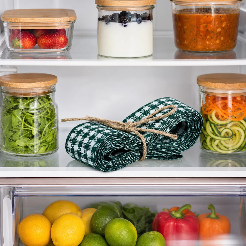 Zielono-biała wstążka materiałowa do dekoracji, 300 cm Grün-weißes Stoffband 300cm gerollt im Kühlschrank zwischen Vorratsgläsern und frischem Gemüse als Küchenorganisation