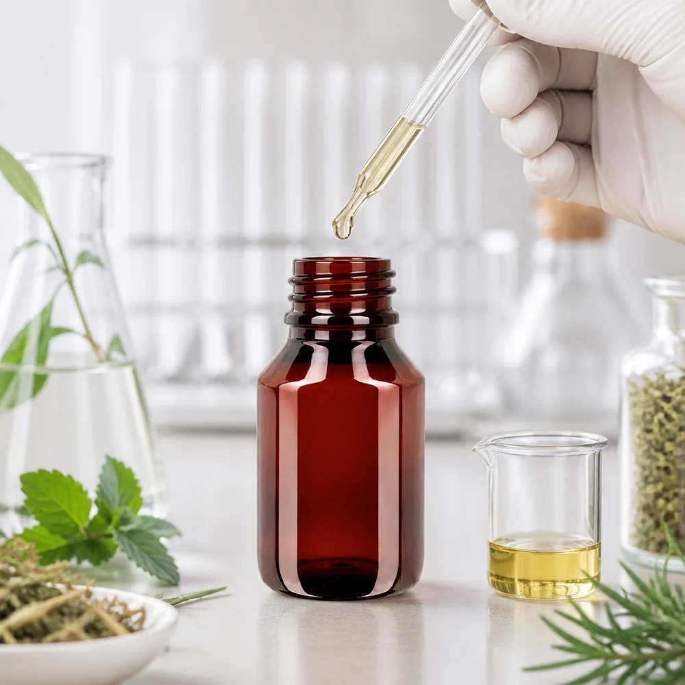 Butelka PET 50 ml z zieloną nakrętką OV Brązowa butelka PET o pojemności 50 ml z zielonym zamknięciem OV, przeznaczona do olejków eterycznych i ekstraktów naturalnych