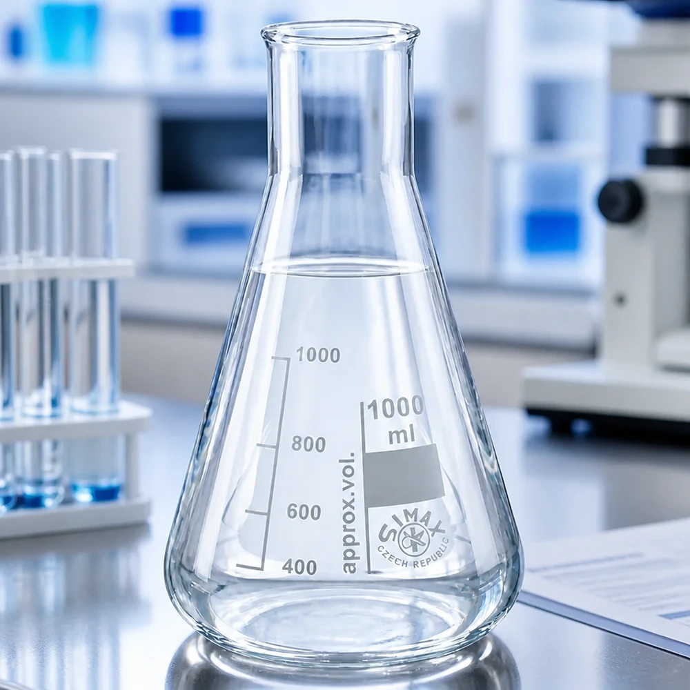 Kolba Erlenmeyera z szeroką szyjką 100 ml Kolba Erlenmeyera 100 ml z szeroką szyjką i podziałką do precyzyjnych pomiarów w laboratorium