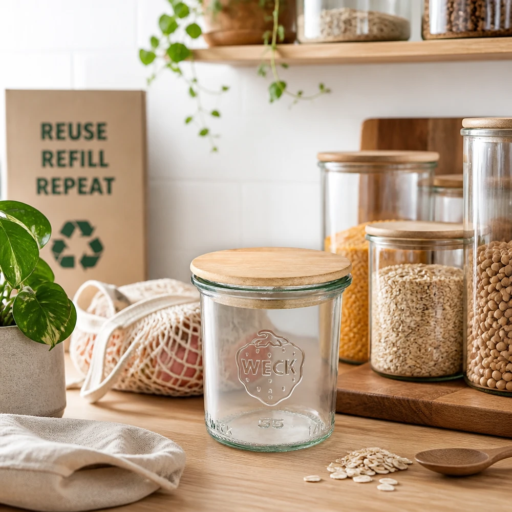 Kubki 140 ml WECK RR60 z drewnianą pokrywką Słoik z drewnianą pokrywką WECK 140 ml RR60 w zrównoważonej kuchni zero waste ze słoikami do przechowywania i symbolem recyklingu
