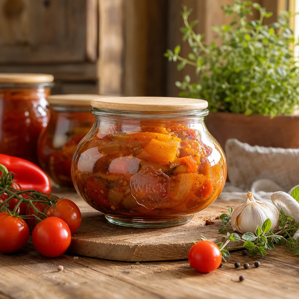 Słoik do przechowywania WECK 560 ml z drewnianą pokrywką wypełniony pastą pomidorową w rustykalnej kuchni ze świeżymi składnikami