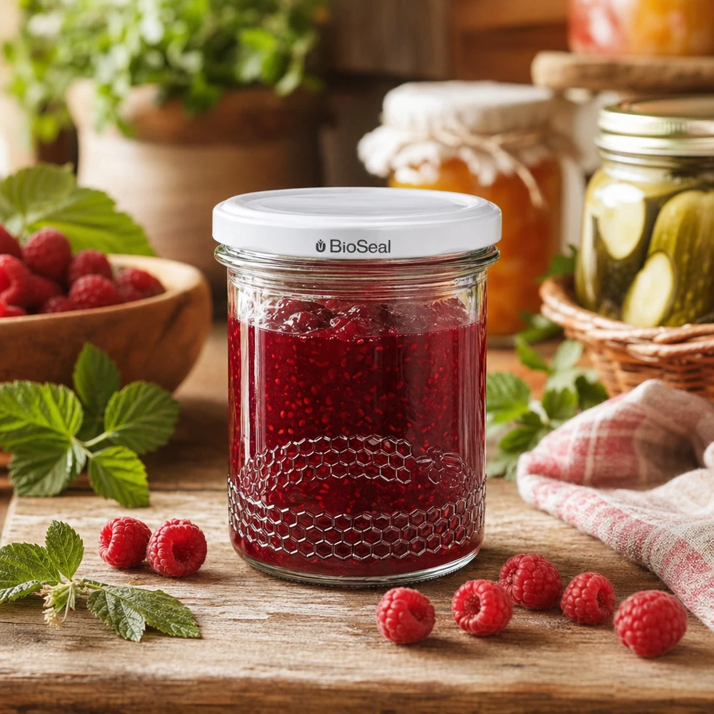 560g Honigglas + BioSeal Deckel weiß UNiTWIST Dżem malinowy w 400 ml słoiku na miód z pokrywką BioSeal otoczony świeżymi malinami na drewnianej desce