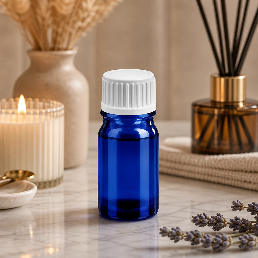 Wysokiej jakości szklana butelka 5 ml w eleganckim niebieskim kolorze z precyzyjną nasadką do aromaterapii