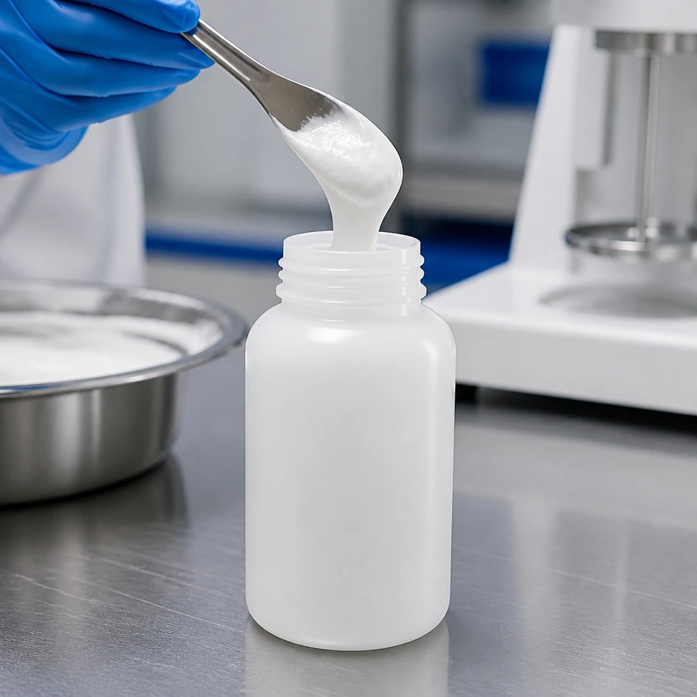 Laborant w rękawiczkach przelewa kremową białą substancję do przezroczystej butelki o pojemności 500 ml z szeroką szyjką