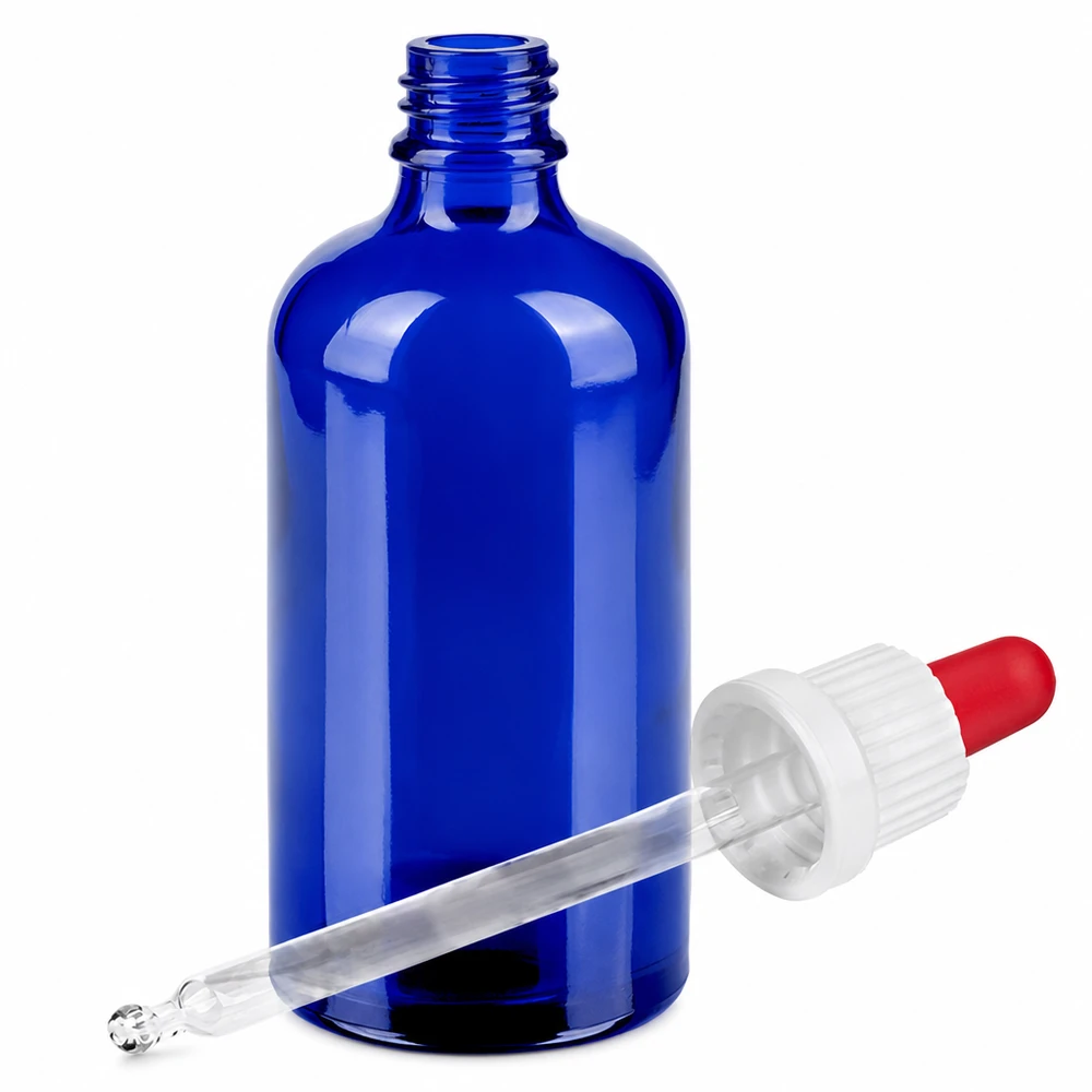 Szklana butelka 100 ml niebieska z pipetą do laboratorium i farmacji - precyzyjne pobieranie cieczy
