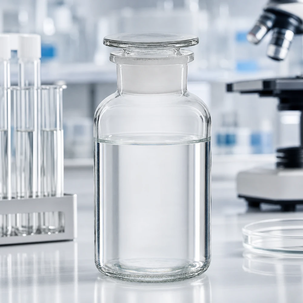 Okrągła butelka na ramię 500 ml przezroczysta szklana zatyczka z szeroką szyjką Przezroczysta butelka apteczna o pojemności 500 ml z szeroką szyjką i szklanym korkiem, stojąca na białym stole laboratoryjnym