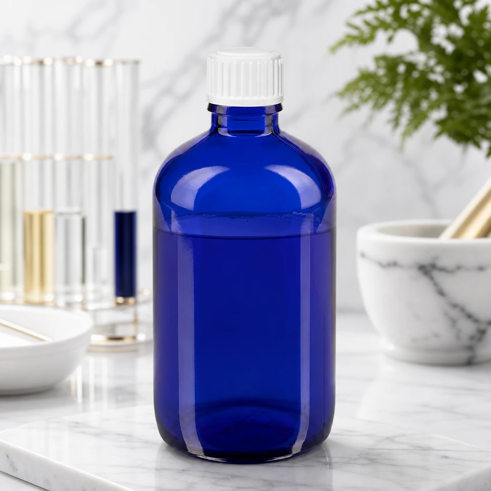 Butelka z kroplomierzem chroniąca przed światłem, pojemność 100 ml, w kolorze kobaltowym, z precyzyjną wkładką dozującą 0,9 mm do zastosowań laboratoryjnych