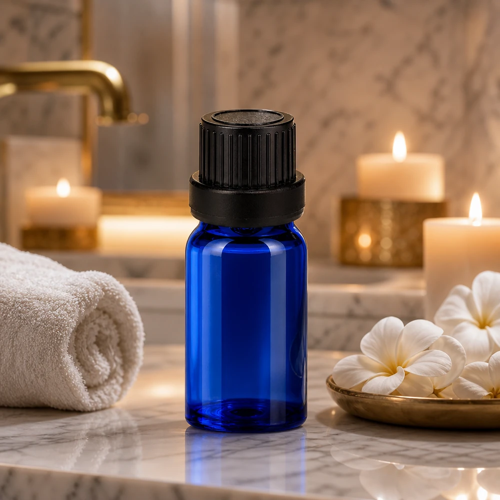 Butelka z zakraplaczem 5 ml 2 mm czarna OV BlueLine UT18/5 Niebieska szklana butelka 5ml z czarnym kroplomierzem do olejków kosmetycznych i serum OV BlueLine UT18