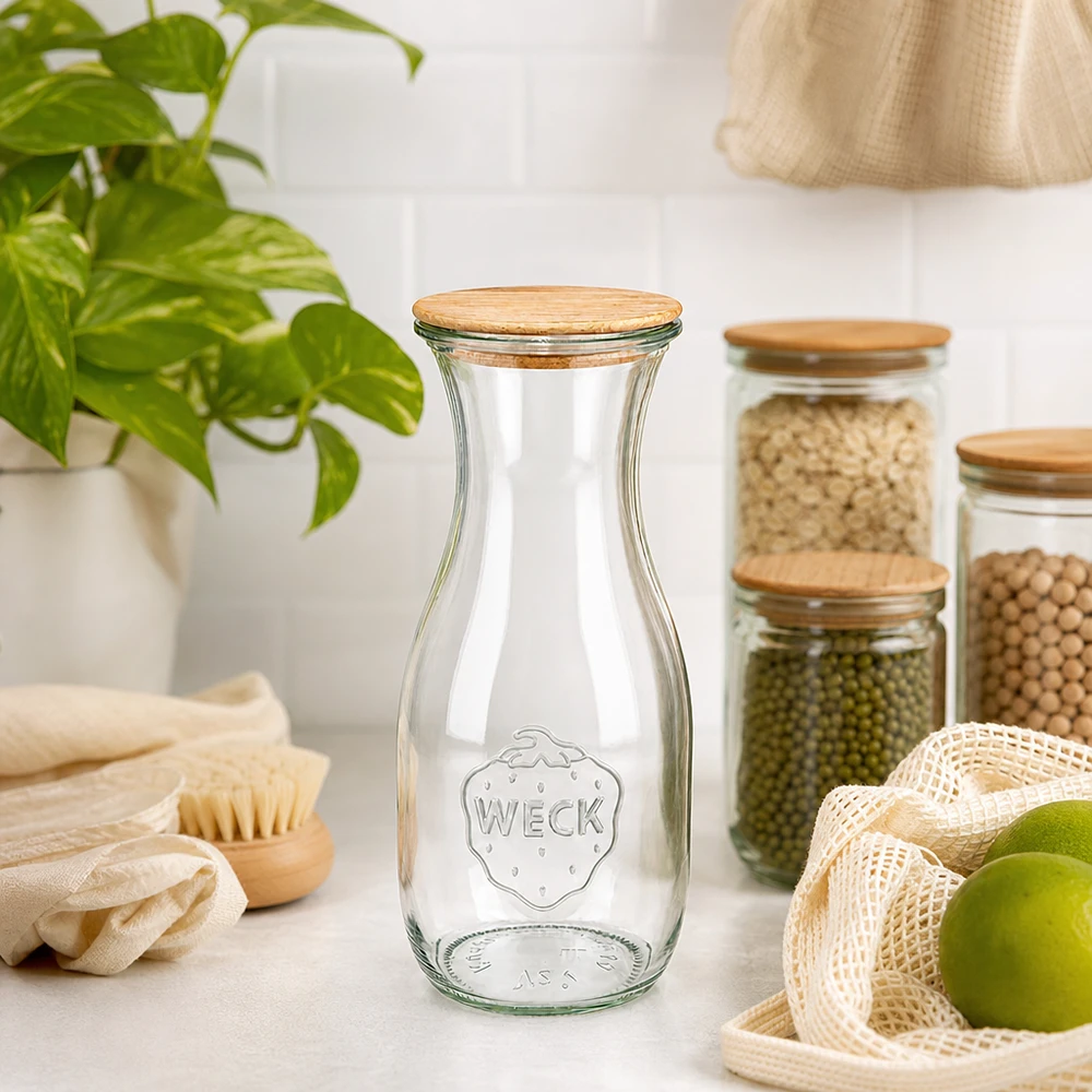 Butelka na sok 530 ml WECK RR60 z drewnianą pokrywką Butelka na sok WECK 530 ml RR60 z drewnianą pokrywką w zrównoważonej kuchni zero waste obok ekologicznych produktów i roślin