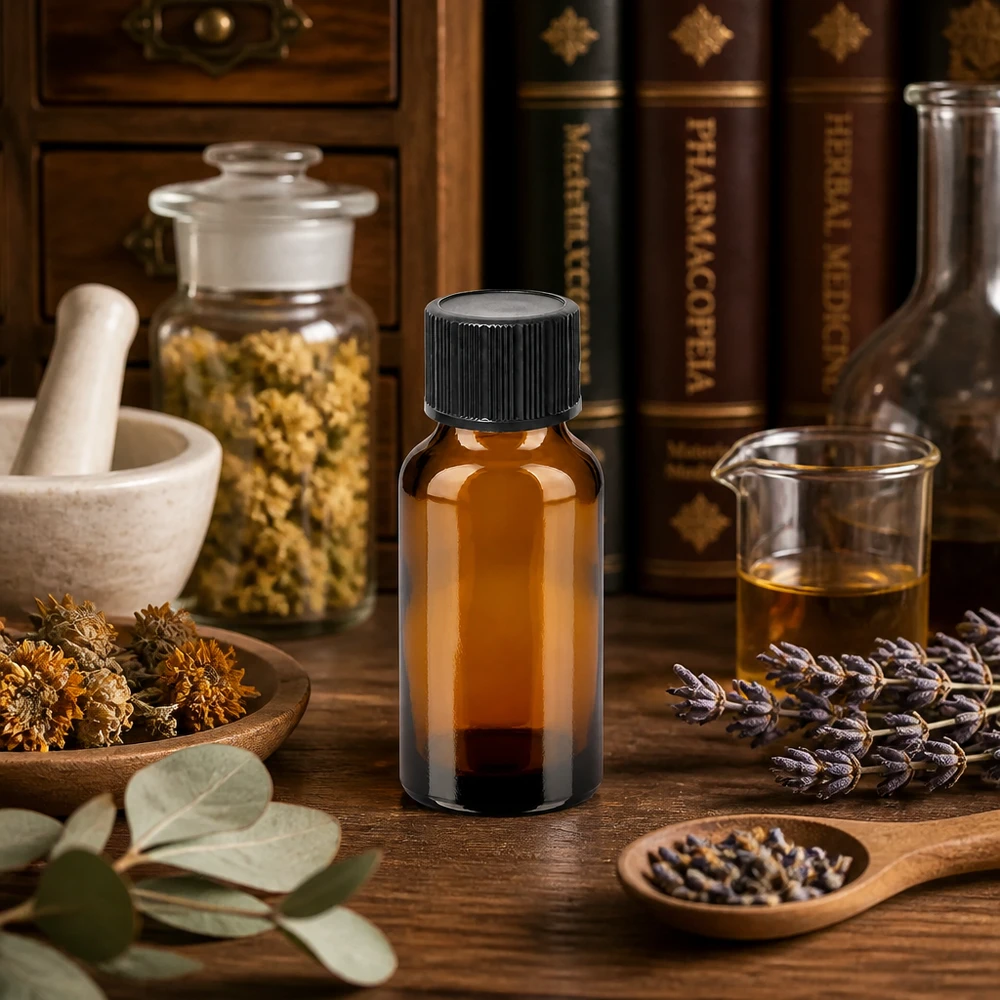 Kompaktowa butelka z zakraplaczem BrownLine 20 ml z czarną zakrętką do naturalnych esencji