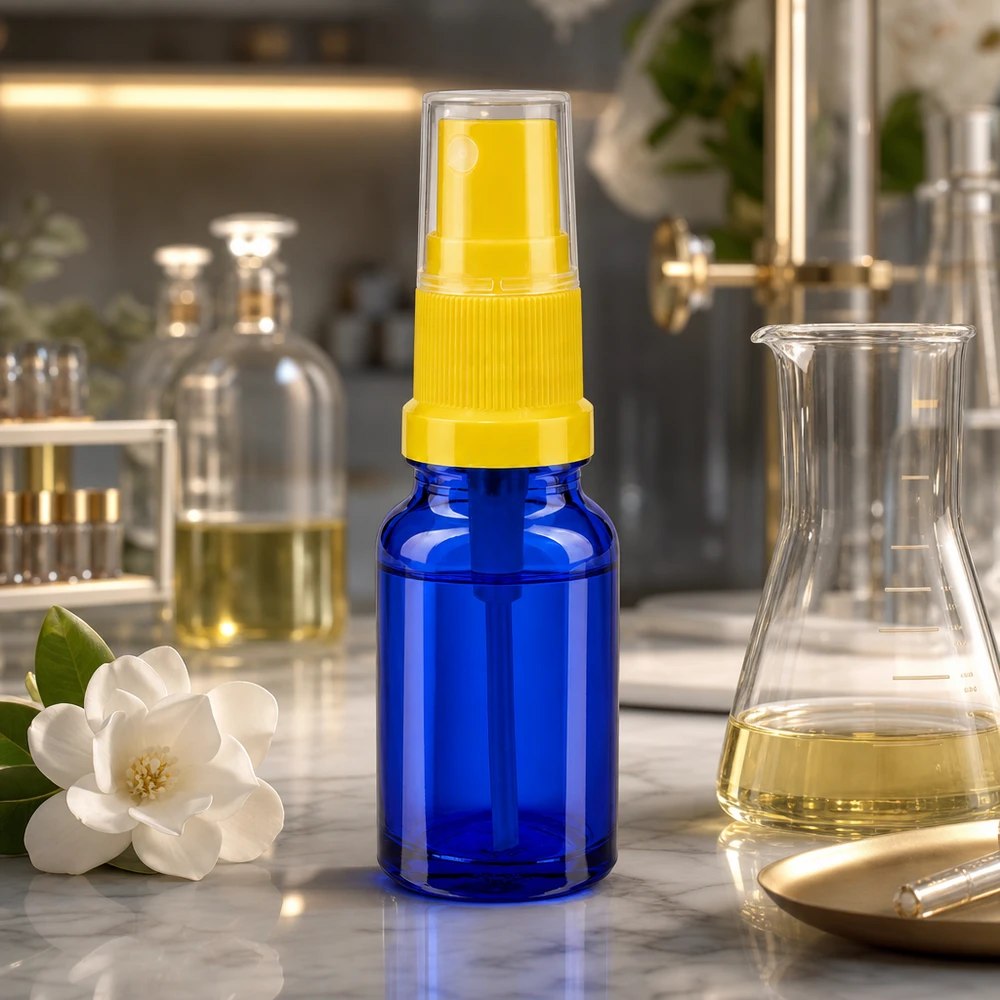 10 ml butelka ze spryskiwaczem żółta/przezroczysta STD BlueLine UT18/10 Kompaktowa butelka z rozpylaczem 10 ml wykonana z wysokiej jakości szkła z żółtą głowicą rozpylającą serii BlueLine UT18 10