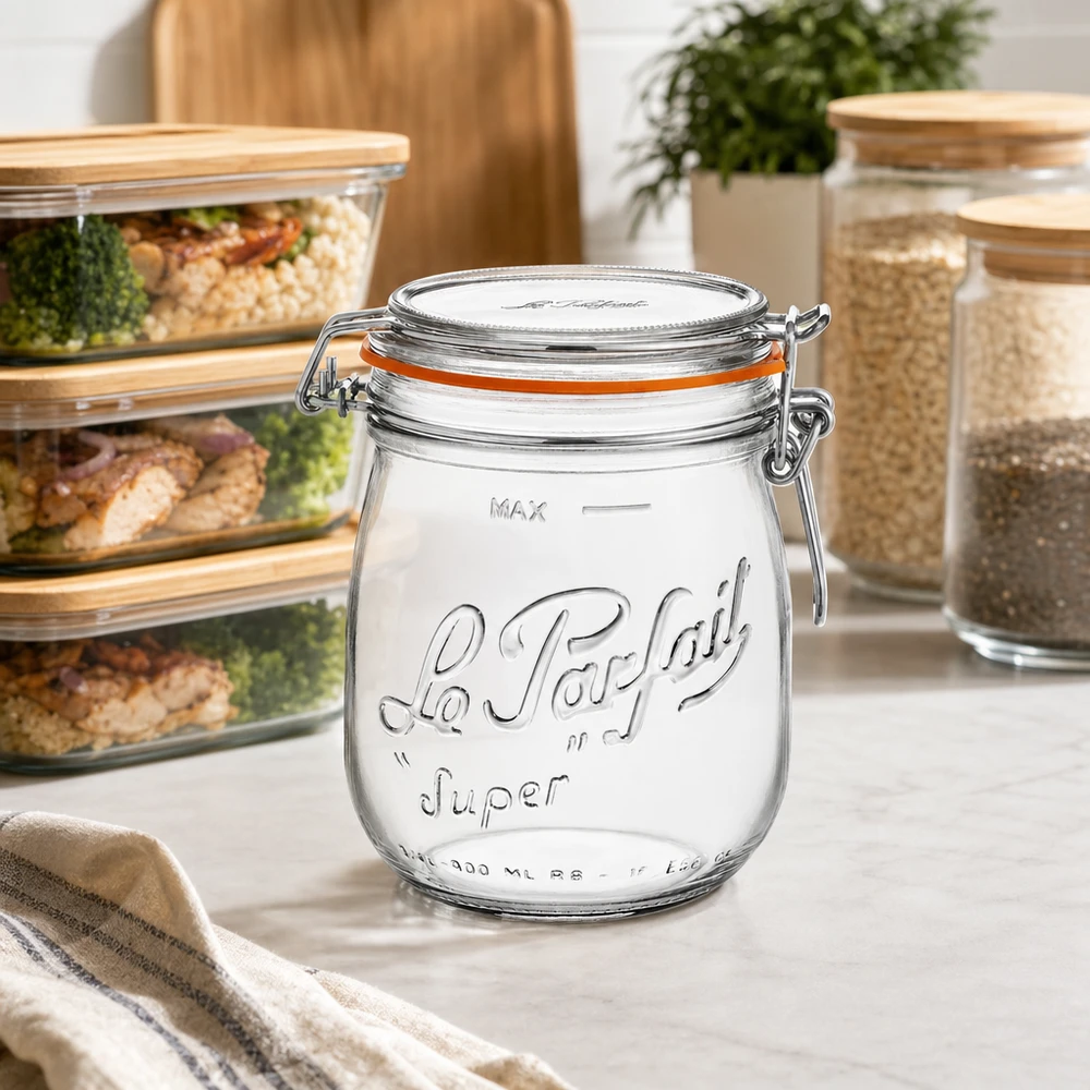 Słoik do przechowywania Le Parfait Super o pojemności 750 ml z uchylną górą w nowoczesnej kuchni obok innych pojemników do przechowywania