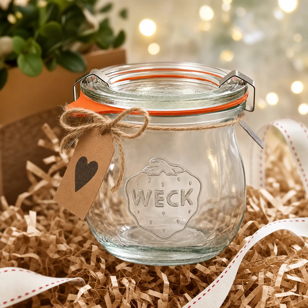 WECK tulipan słoik 75ml RR40 jako pomysł na prezent ozdobnie zapakowany z zawieszką w kształcie serca i wstążką prezentową w świątecznej atmosferze