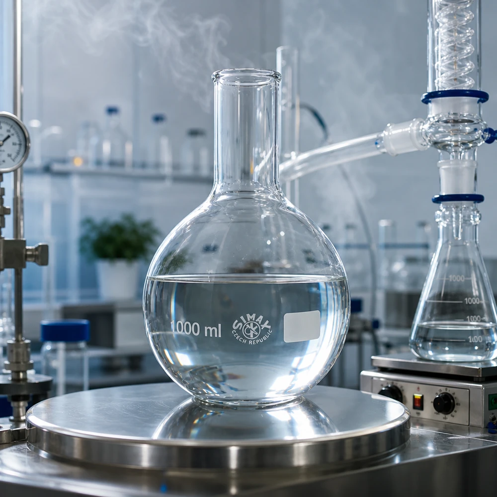 Wysokiej jakości kolba stojąca o pojemności 1000 ml z wąską szyjką i podziałką do precyzyjnego pomiaru objętości w laboratorium.