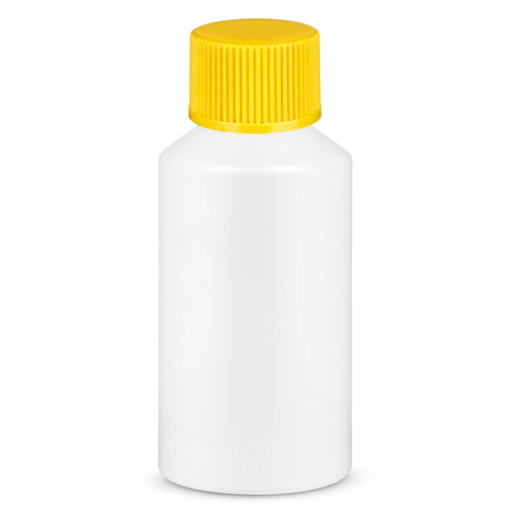 Butelka apteczna HDPE 50ml biała, z żółtym SV Butelka apteczna HDPE 50 ml, biała, z żółtą zakrętką, wykonana z polietylenu o wysokiej gęstości