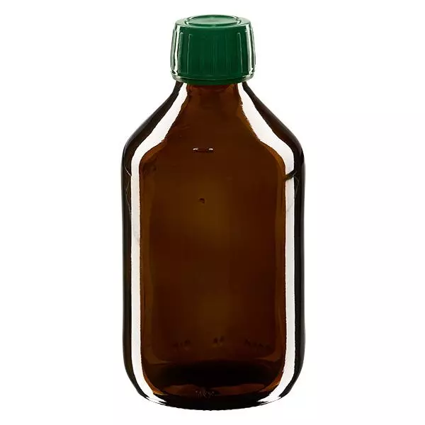 Butelka na lek 250 ml brązowa, zakrętka zielona z pierścieniem zabezpieczającym ApoGlas. Farmaceutyczna jakość produkcji UE. Gwint 28 mm (PP28). (syrop, butelka z lekkiego szkła) Butelka na lek 250 ml brązowa, zakrętka zielona z pierścieniem zabezpieczającym ApoGlas. Farmaceutyczna jakość produkcji UE. Gwint 28 mm (PP28). (syrop, butelka z lekkiego szkła)