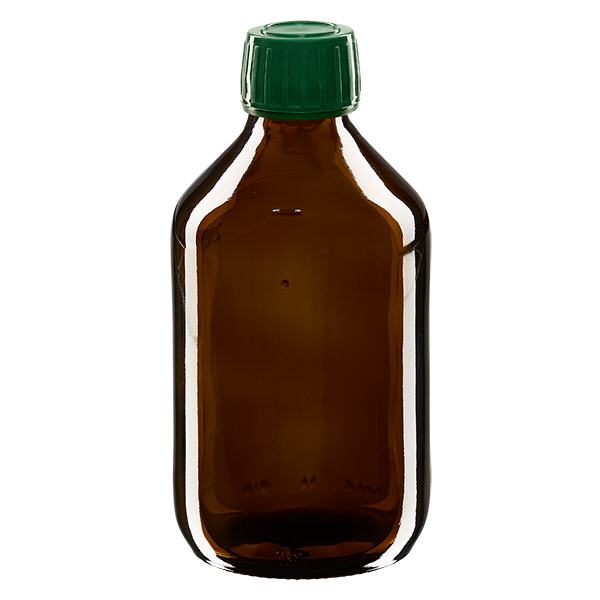Butelka na lek 250 ml brązowa, zakrętka zielona z pierścieniem zabezpieczającym ApoGlas. Farmaceutyczna jakość produkcji UE. Gwint 28 mm (PP28). (syrop, butelka z lekkiego szkła) Butelka na lek 250 ml brązowa, zakrętka zielona z pierścieniem zabezpieczającym ApoGlas. Farmaceutyczna jakość produkcji UE. Gwint 28 mm (PP28). (syrop, butelka z lekkiego szkła)