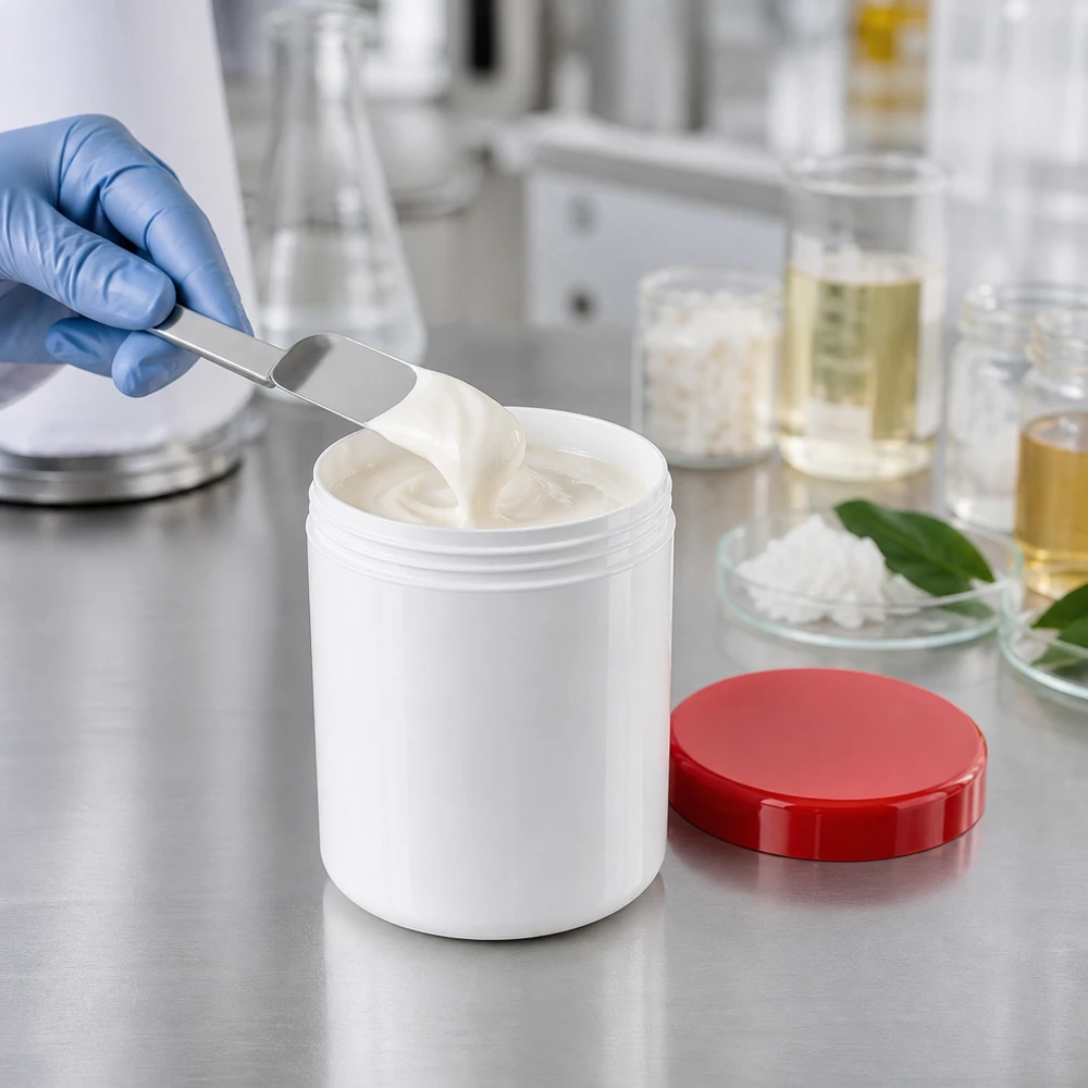 Biały plastikowy słoik o pojemności 250 g z czerwoną pokrywką do kremów i maści farmaceutycznych