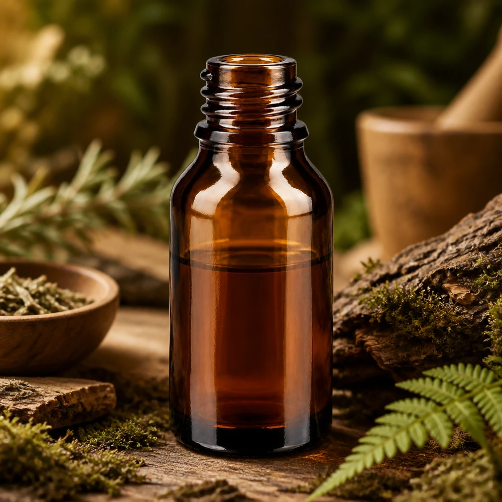Butelka z zakraplaczem 15 ml DIN 18 szkło bursztynowe 15 ml brązowa szklana butelka ApoGlas w naturalnej leśnej scenerii z mchem paprociowym i rustykalnym drewnem do naturopatii