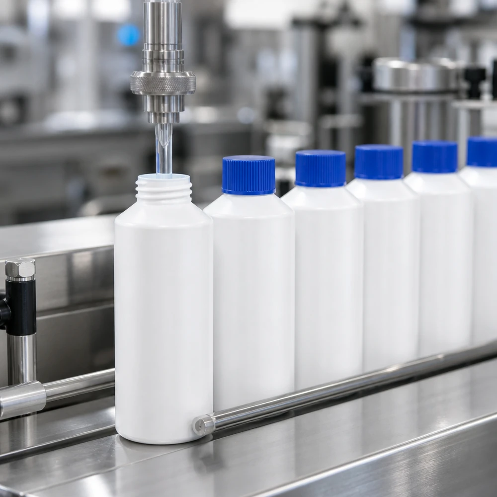 Automatyczna linia rozlewnicza napełnia białe butelki apteczne z HDPE o pojemności 100 ml z niebieskim SV