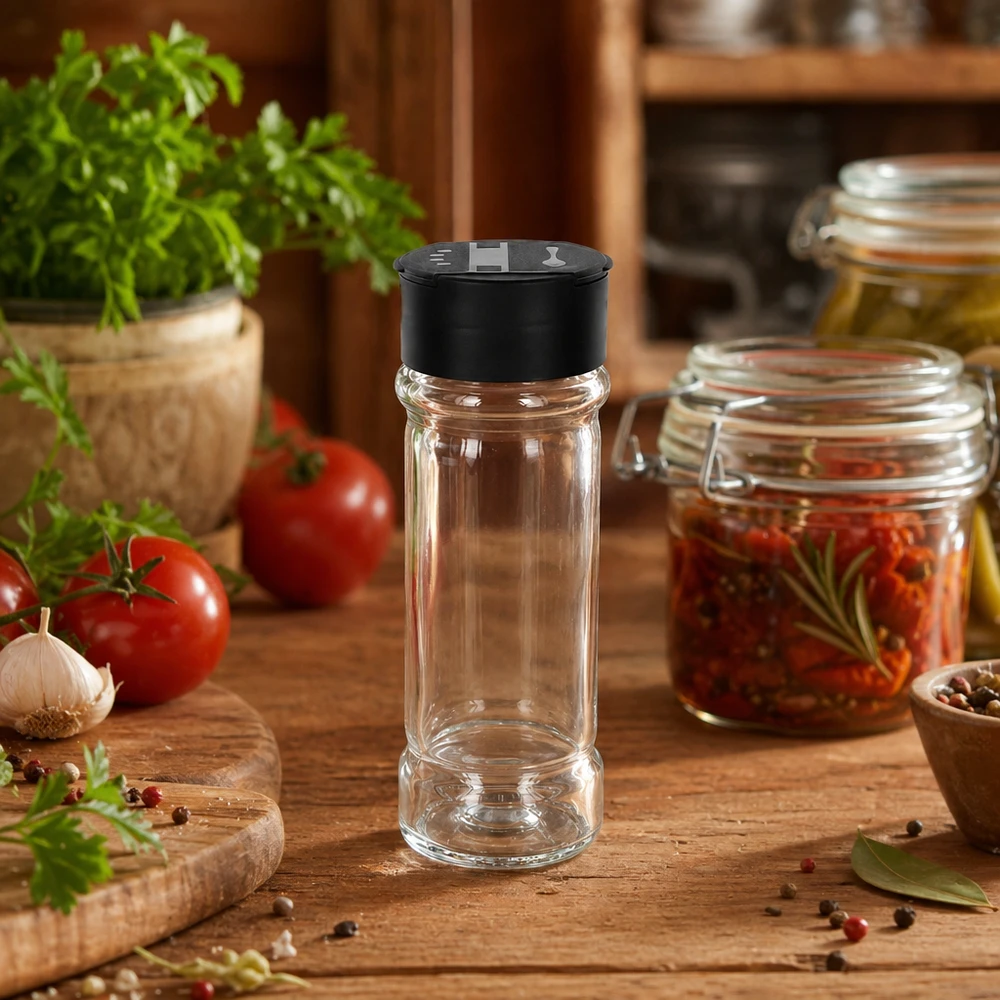 Słoik na sól/przyprawy 100 ml z podwójną dozownicą, czarny Przezroczysty szklany pojemnik na sól o pojemności 100 ml z czarną nasadką do posypywania, stojący na rustykalnym drewnianym stoliku