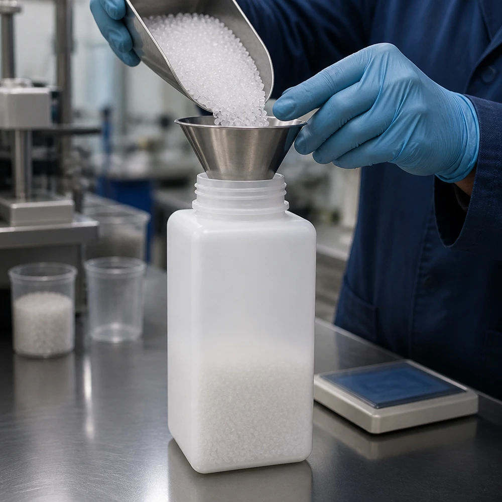 Butelka na chemikalia 1500 ml, szeroka szyjka z PE-HD, kolor naturalny Granulat jest napełniany przez metalowy lejek do butelki na chemikalia z PE-HD o pojemności 1500 ml i szerokiej szyjce, w kolorze naturalnym