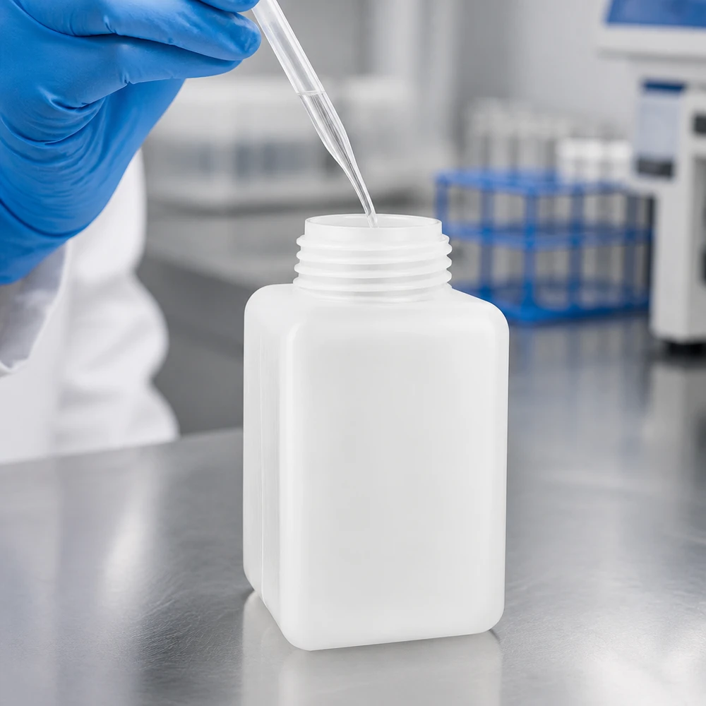 Laborant napełnia w laboratorium butelkę z chemikaliami o pojemności 1000 ml, wykonaną z polietylenu wysokogęstościowego (PE-HD) i z wąską szyjką, za pomocą pipety