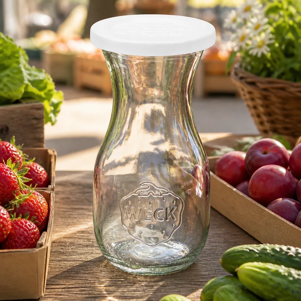 Butelka na sok o pojemności 290 ml z pokrywką zapewniającą świeżość WECK RR60 Butelka soku WECK 290 ml z pokrywką RR60 ułożona między świeżymi owocami i warzywami na rustykalnym drewnianym stole