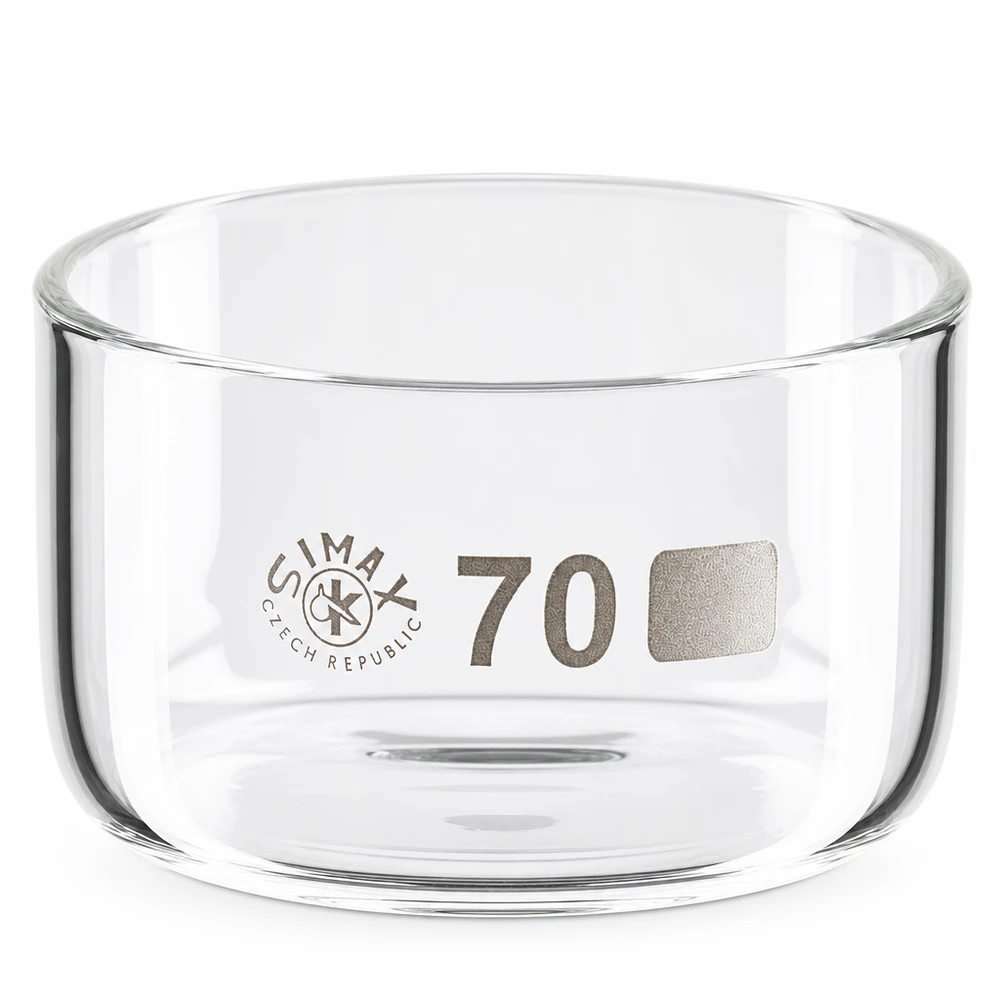 Naczynie do krystalizacji 100 ml bez dziobka Borokrzemianowe Miska do krystalizacji Simax o pojemności 100 ml, wykonana ze szkła borokrzemowego, o cylindrycznym kształcie, bez dziobka, o średnicy 70 mm