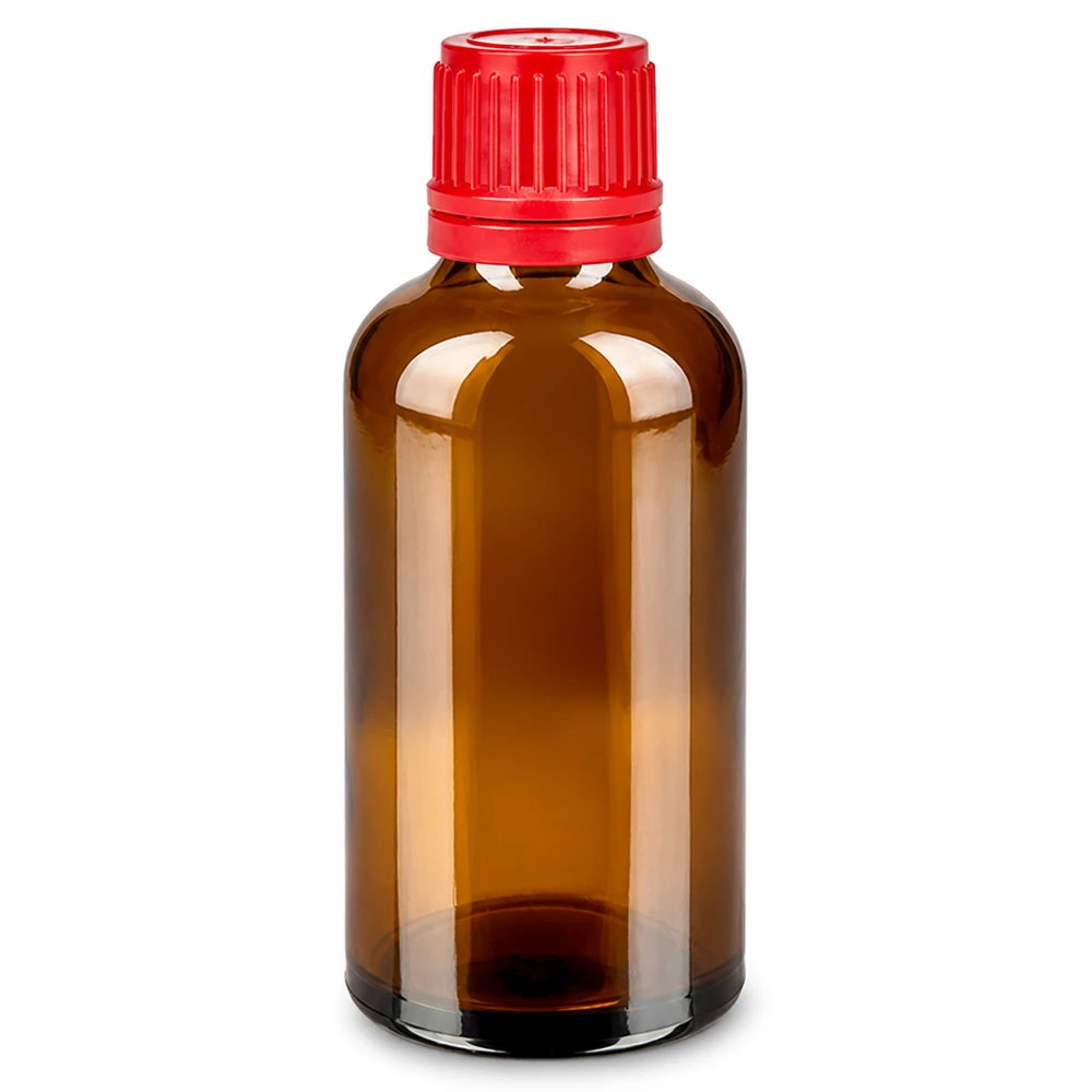 Butelka 50 ml 11 mm SV czerwony OV BrownLine UT18/50 Butelka z bursztynowego szkła o pojemności 50 ml z czerwoną zakrętką umożliwiającą łatwe manipulowanie i bezpieczne przechowywanie płynów.