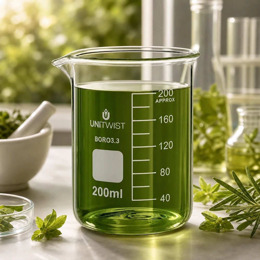 Szklanka UNiTWIST o pojemności 200 ml z zielonym płynem, otoczona świeżymi ziołami na białym tle