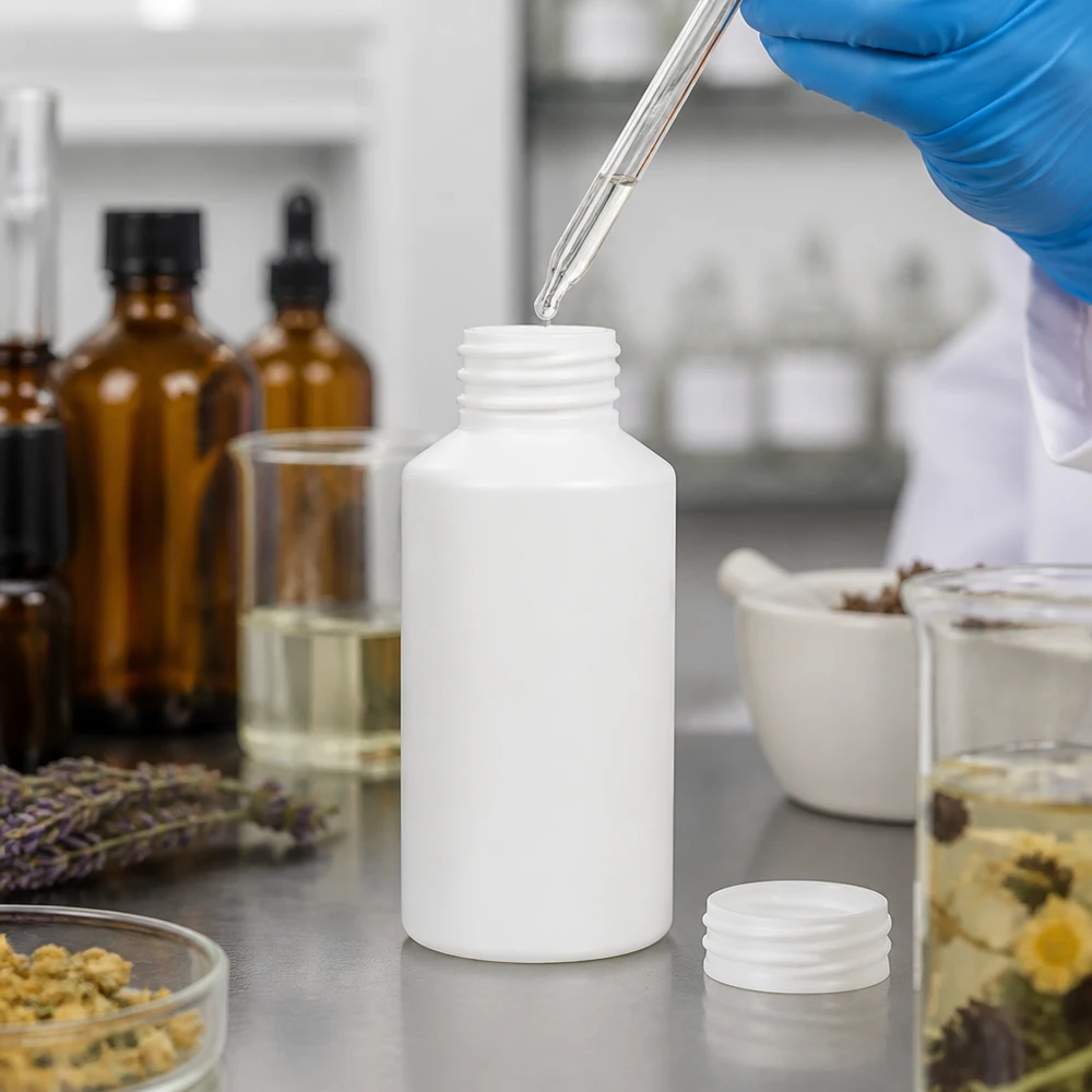 Biała, cylindryczna butelka z tworzywa HDPE o pojemności 50 ml z gwintem, obok ziół i butelek z brązowego szkła