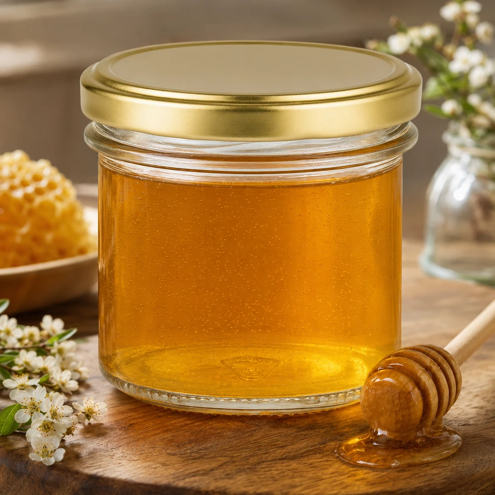 Słoik z pokrywką BasicSeal, złoty UNiTWIST 125ml Sturzglas mit BasicSeal Deckel gold gefüllt mit Honig neben Honiglöffel und Blütenzweigen