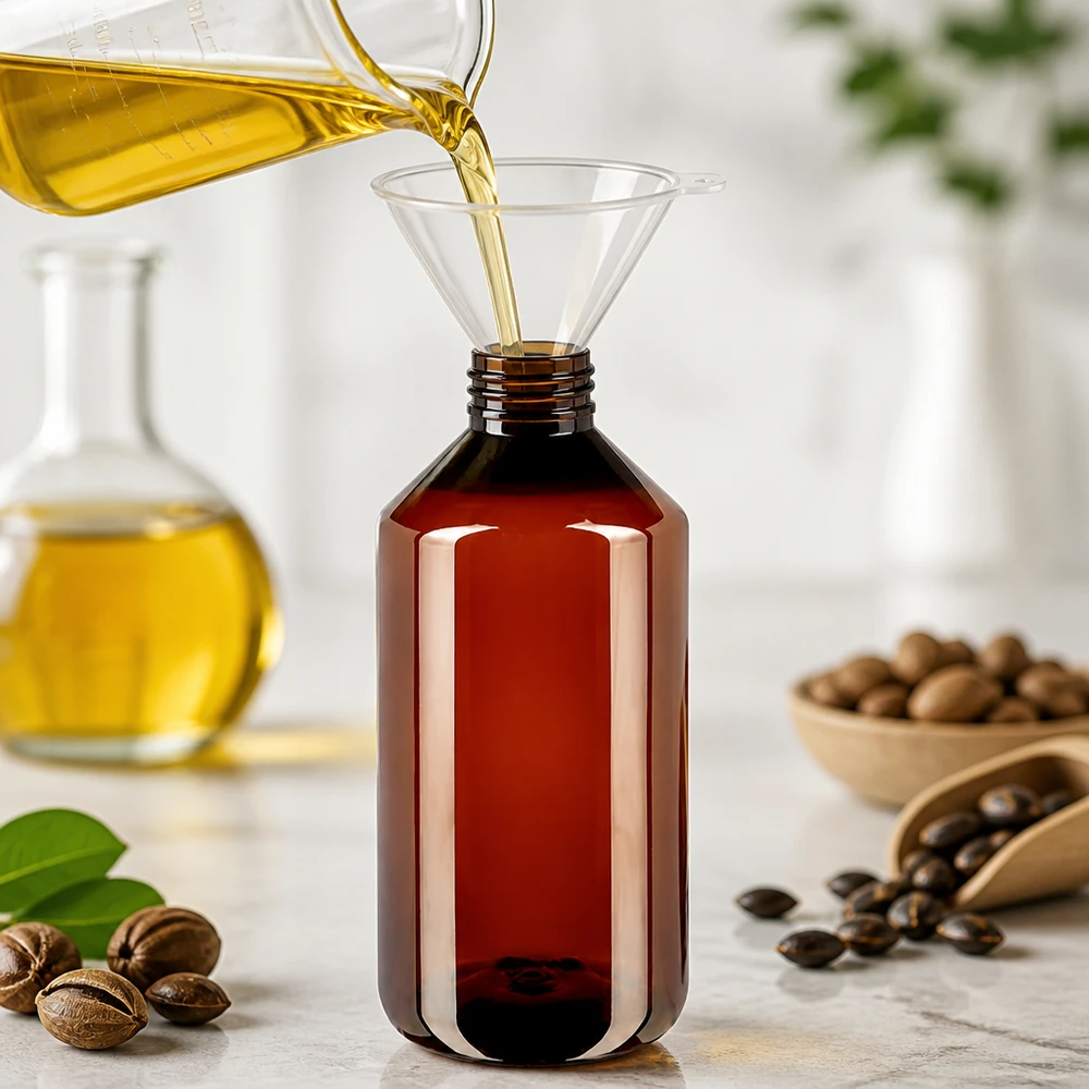 Butelka PET o pojemności 750 ml w kolorze bursztynowym podczas napełniania złotym olejem roślinnym za pomocą lejka