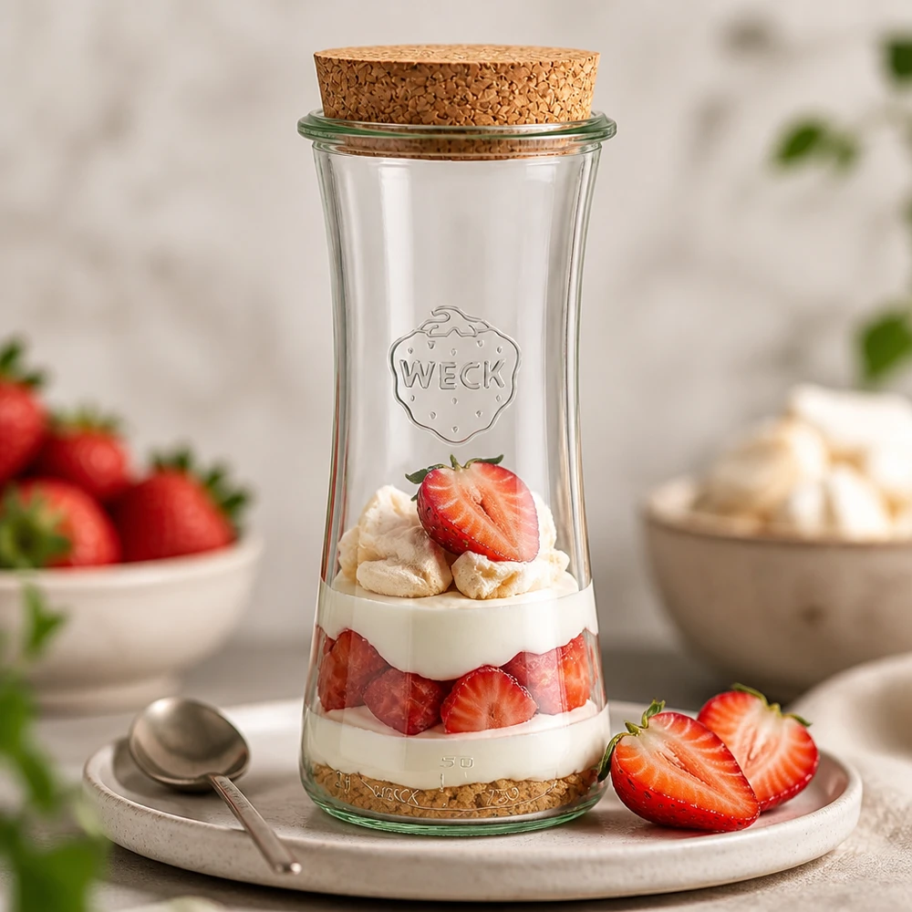WECK RR80 słoik delikatesowy 700ml z korkiem wypełniony jako deser truskawkowy z kremem na białej tacy do serwowania