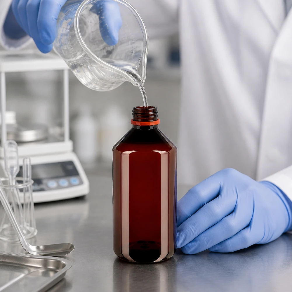 Laborant, mając na rękach rękawiczki ochronne, napełnia brązową butelkę PET o pojemności 750 ml przezroczystym płynem z zlewki.