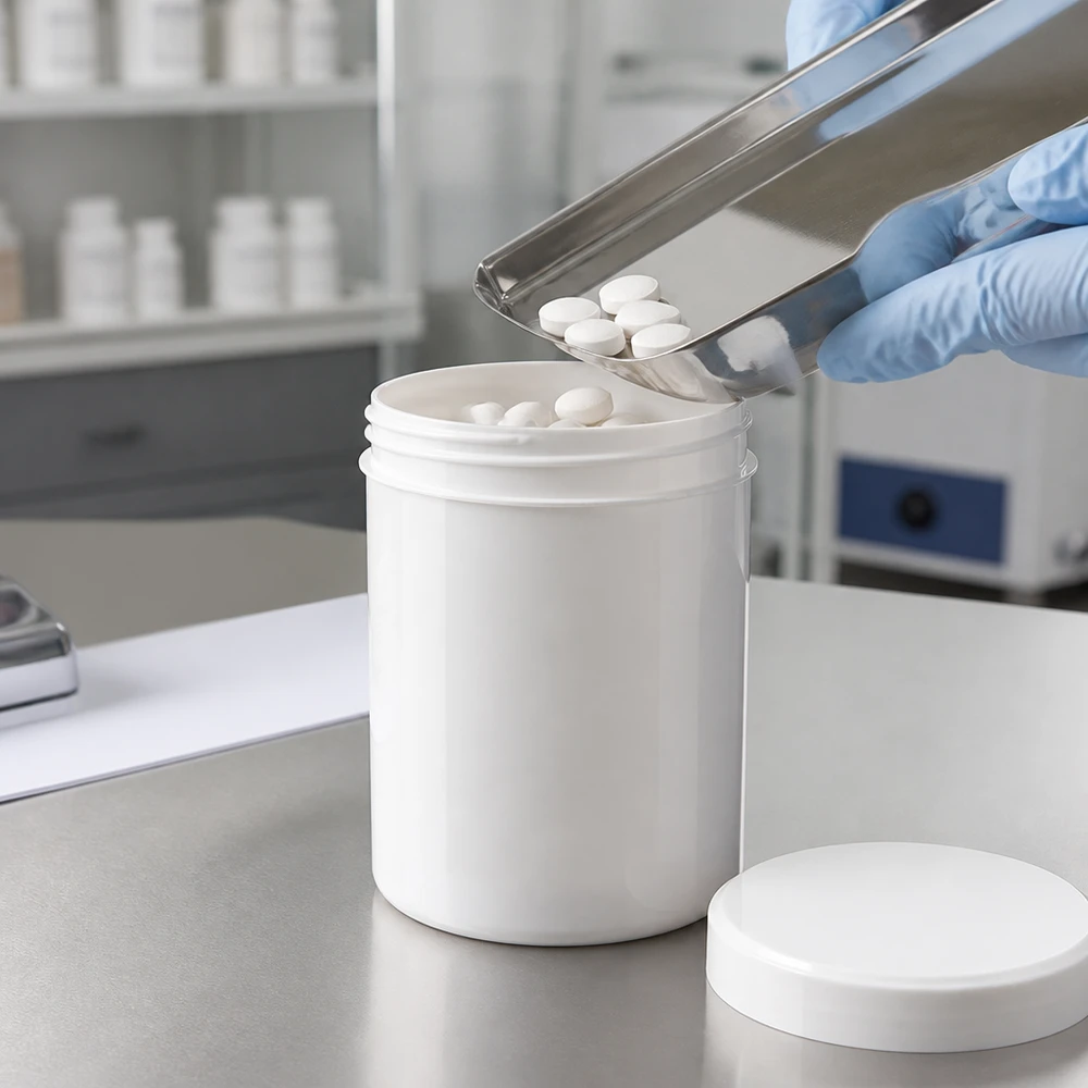 Słoik na maść 800g biały z białą zakrętką (PP) Biały plastikowy słoik z PP o pojemności 800 g z zakrętką stosowany w procesie rozlewu farmaceutyków