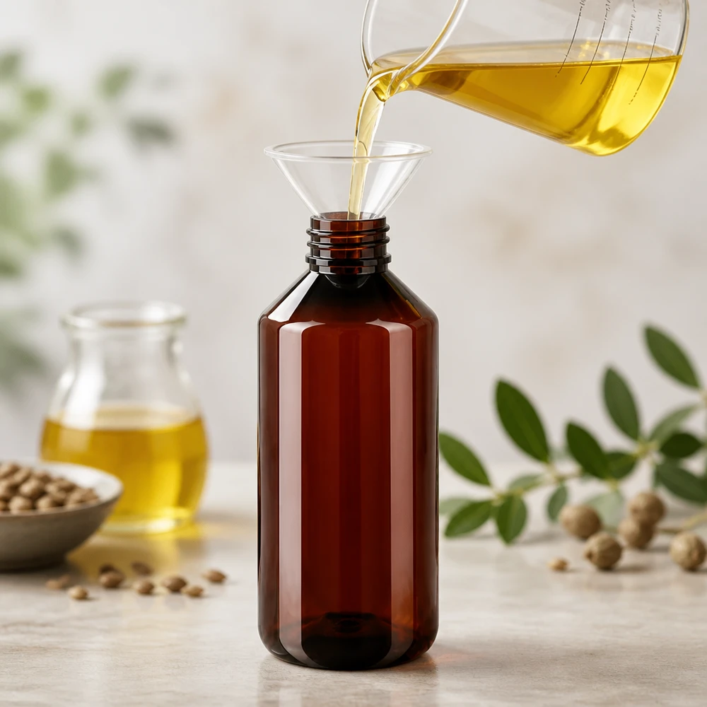 Butelka PET 1000ml z niebieską nakrętką OV Brązowa okrągła butelka PET o pojemności 1000 ml podczas napełniania żółtym olejem roślinnym za pomocą szklanego lejka